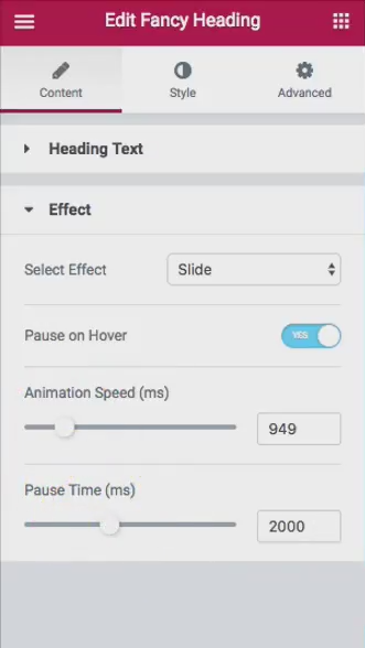 Fancy heading animation settings