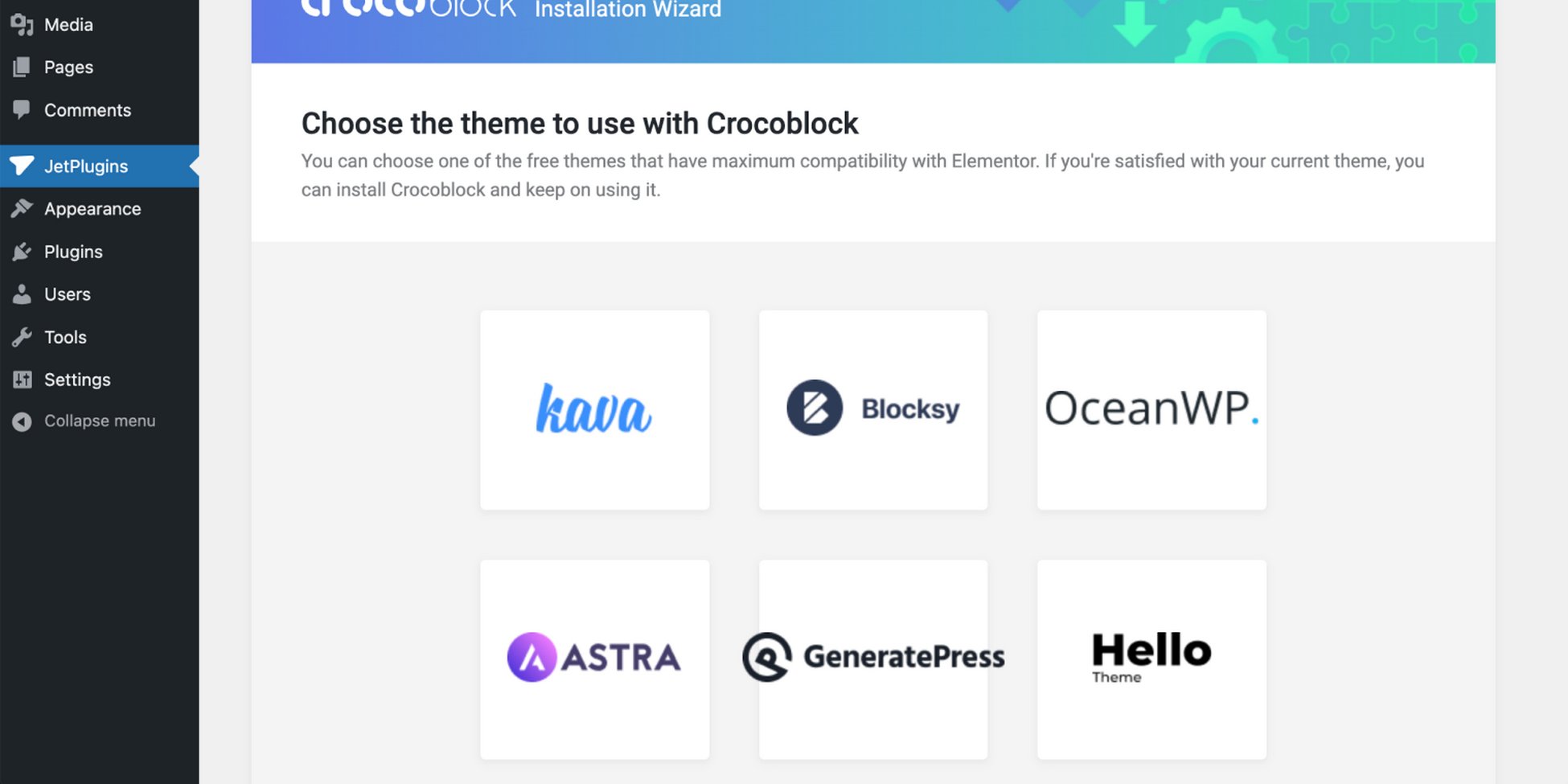 choose wordpress theme to use with crocoblock