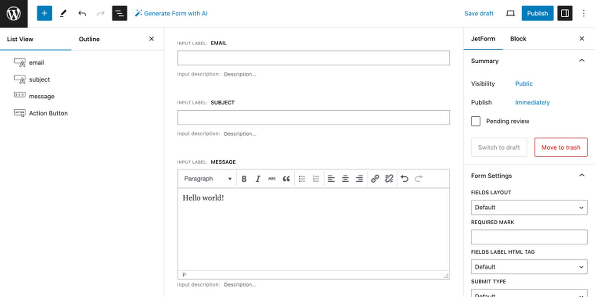 creating wordpress form with jetformbuilder blocks