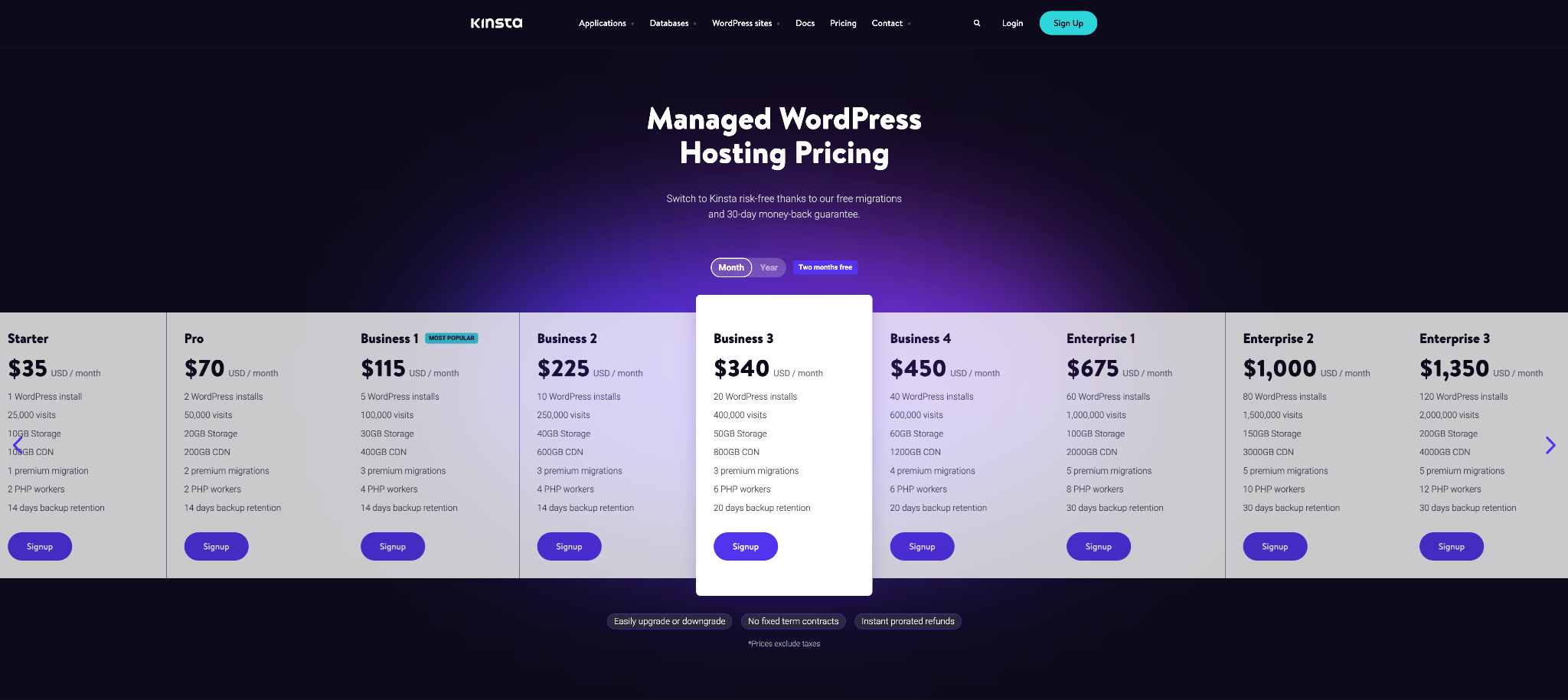 All pricing for Kinsta hosting