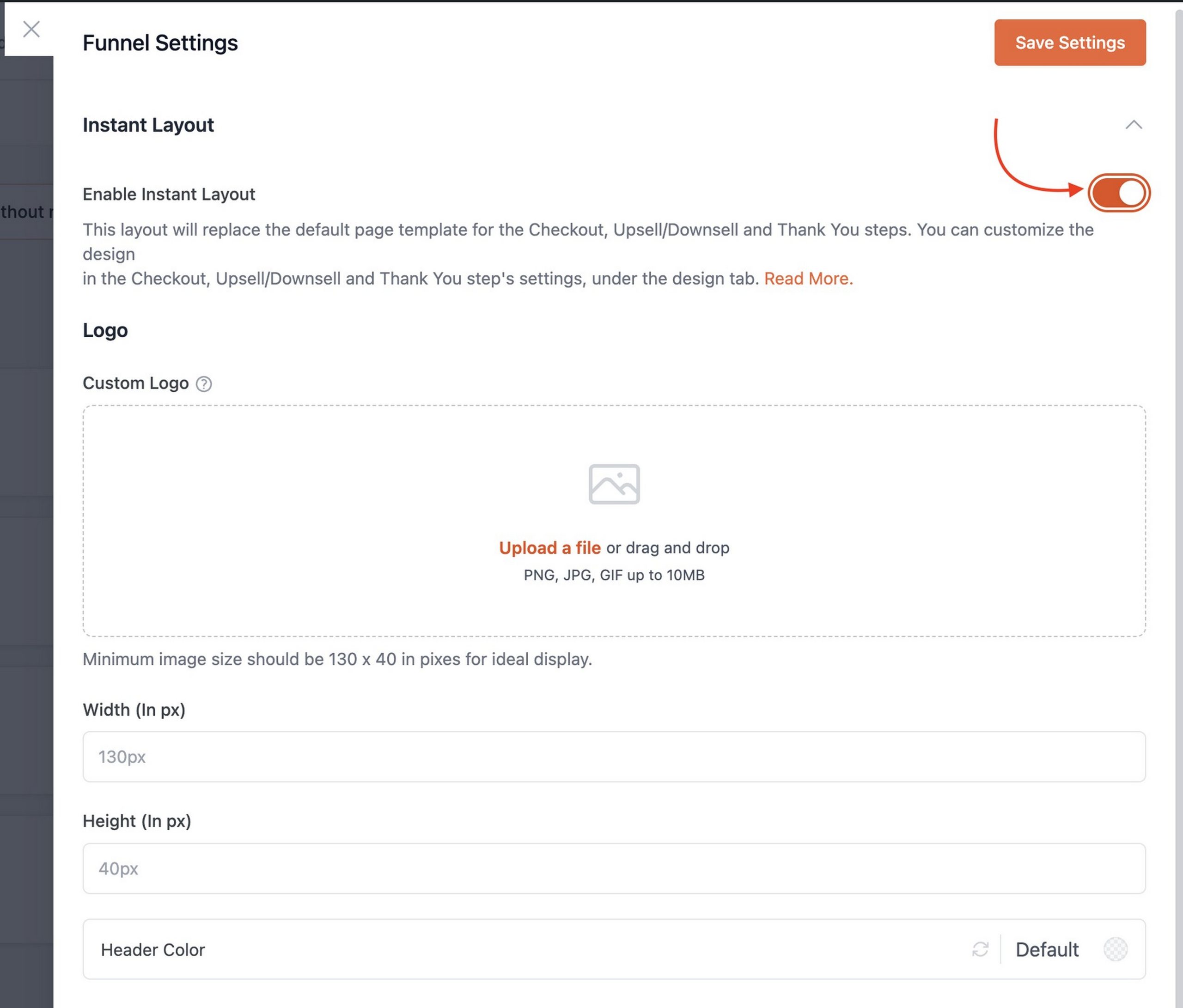 CartFlows Funnel Settings interface showing the Instant Layout option with toggle switch enabled and configuration fields for custom logo, width, and height settings.