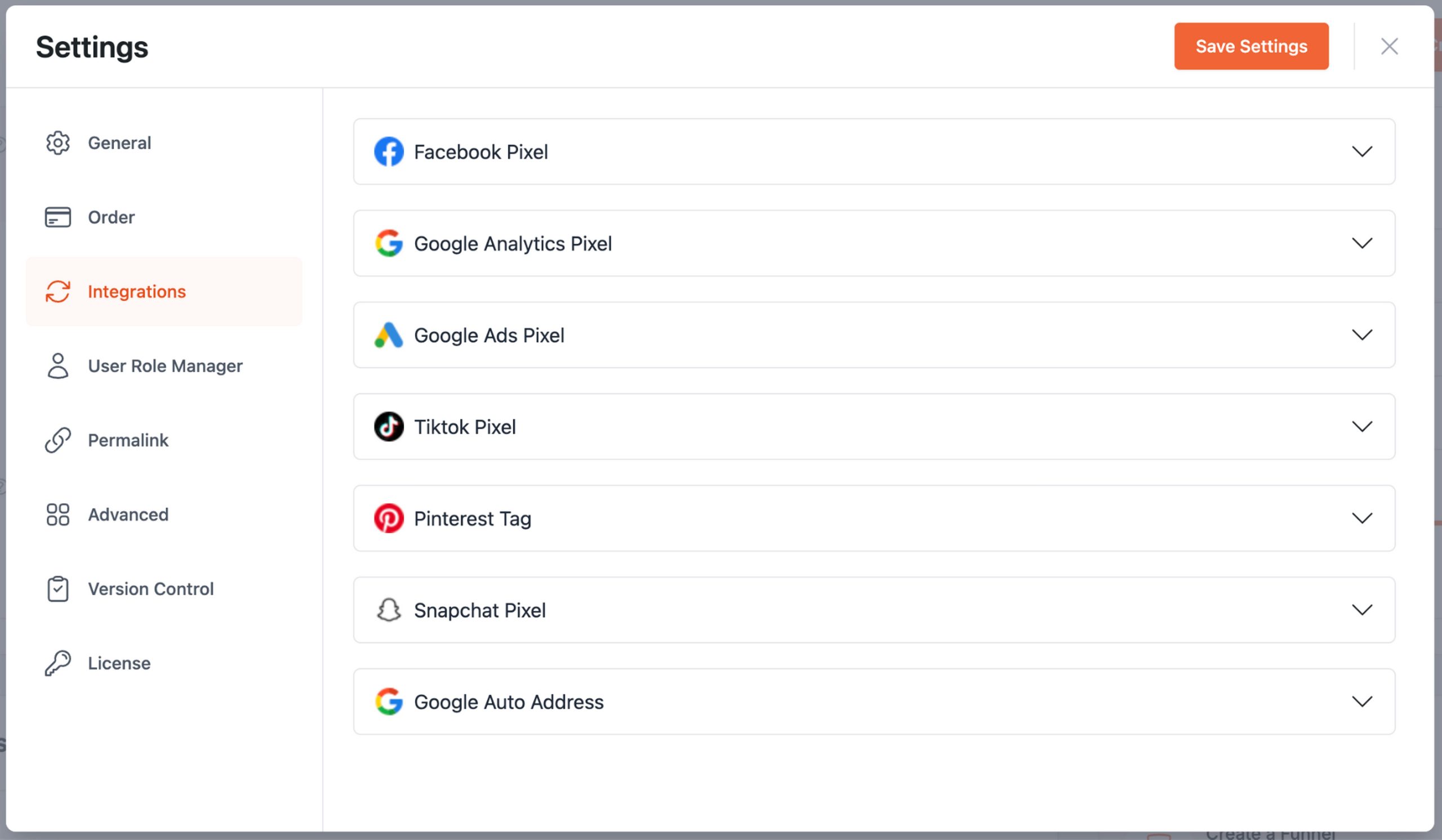 CartFlows Tracking Pixels settings interface showing integration options for Facebook Pixel, Google Analytics Pixel, Google Ads Pixel, TikTok Pixel, Pinterest Tag, Snapchat Pixel, and Google Auto Address.