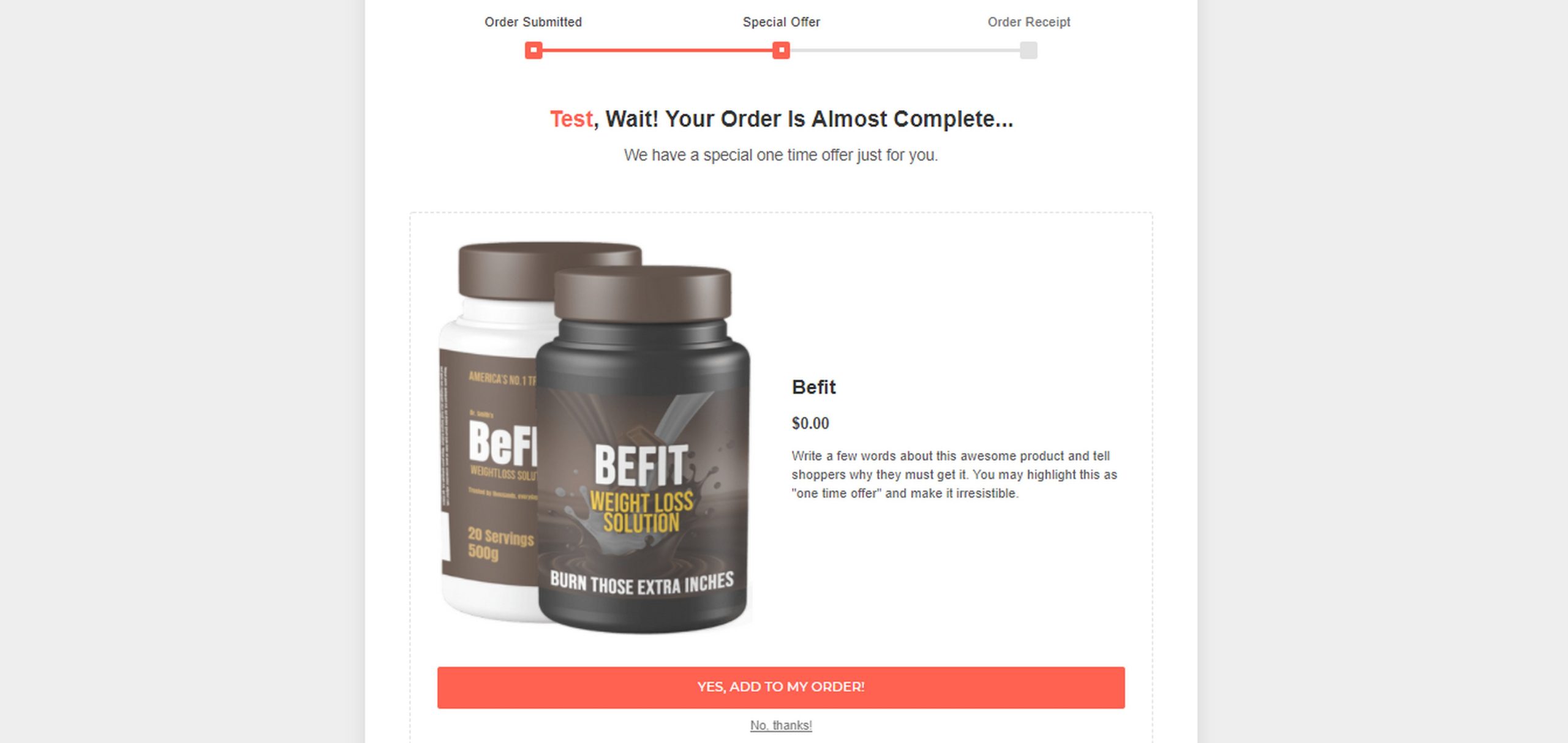 CartFlows upsell page example showing a BEFIT supplement product with a special one-time offer and Add to Cart button for customers to accept the upsell with a single click.