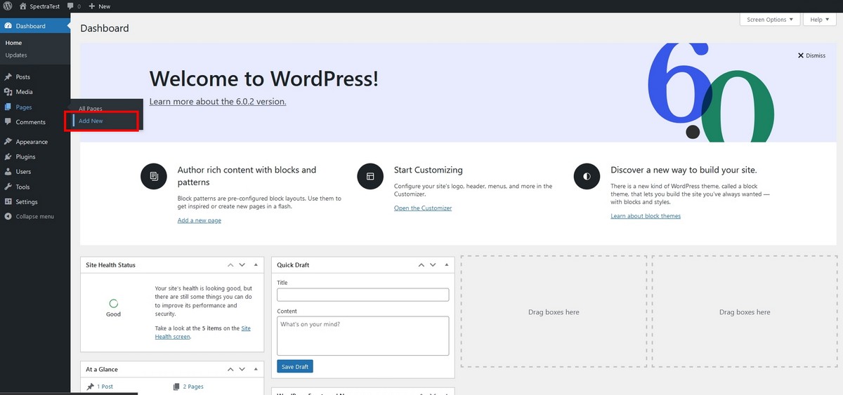 Add new page WordPress