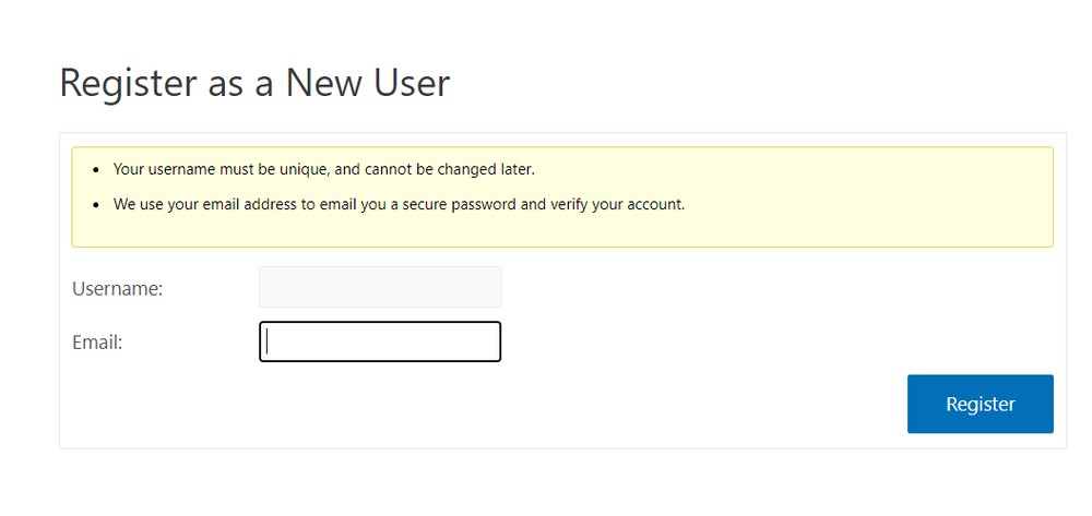 New user registration screen