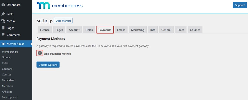 Add payment method in MemberPress