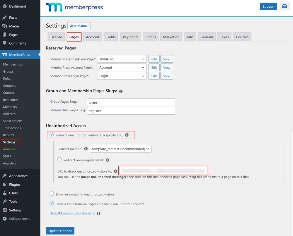 MemberPress unauthorized  access settings