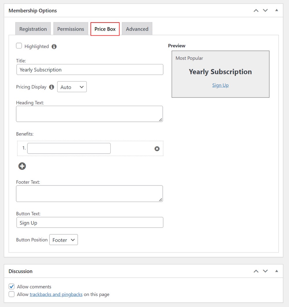 Membership price box settings