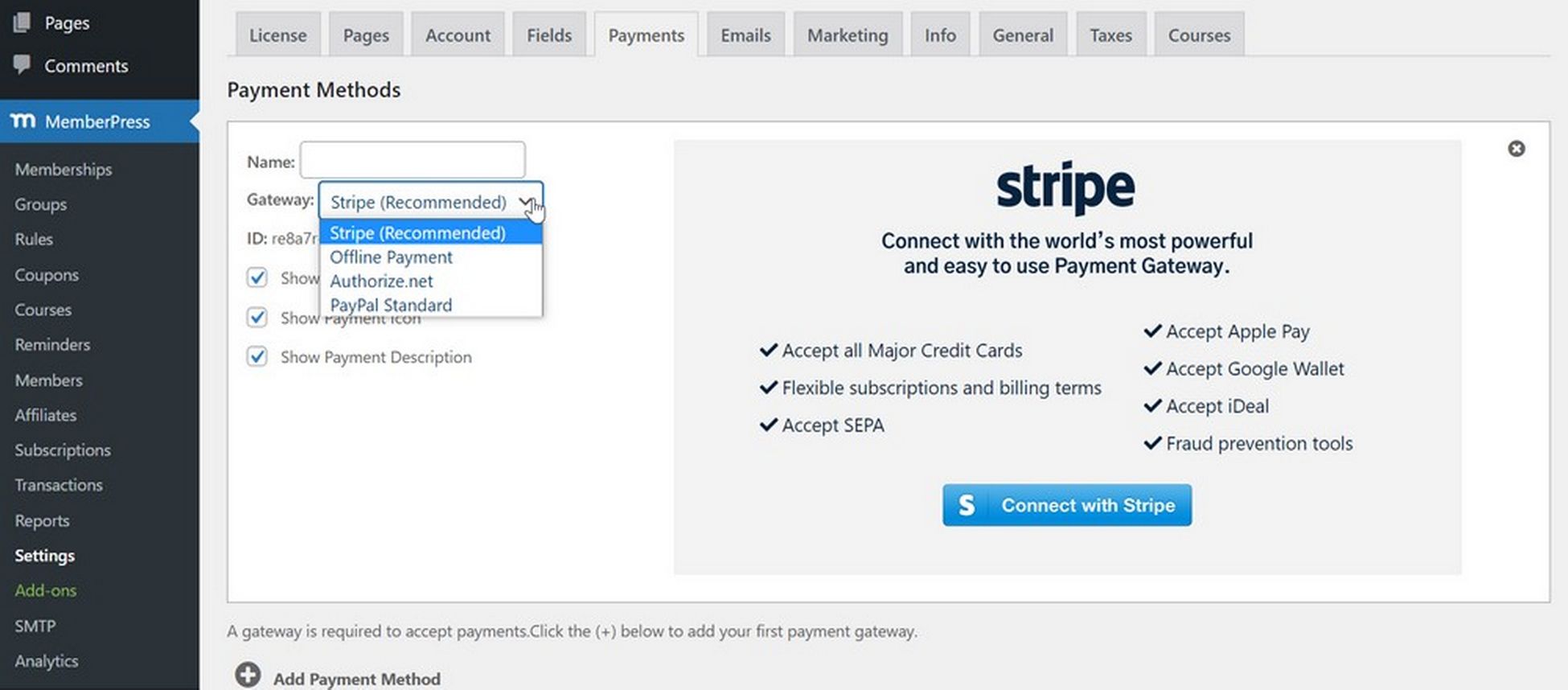 Stripe setting for MemberPress