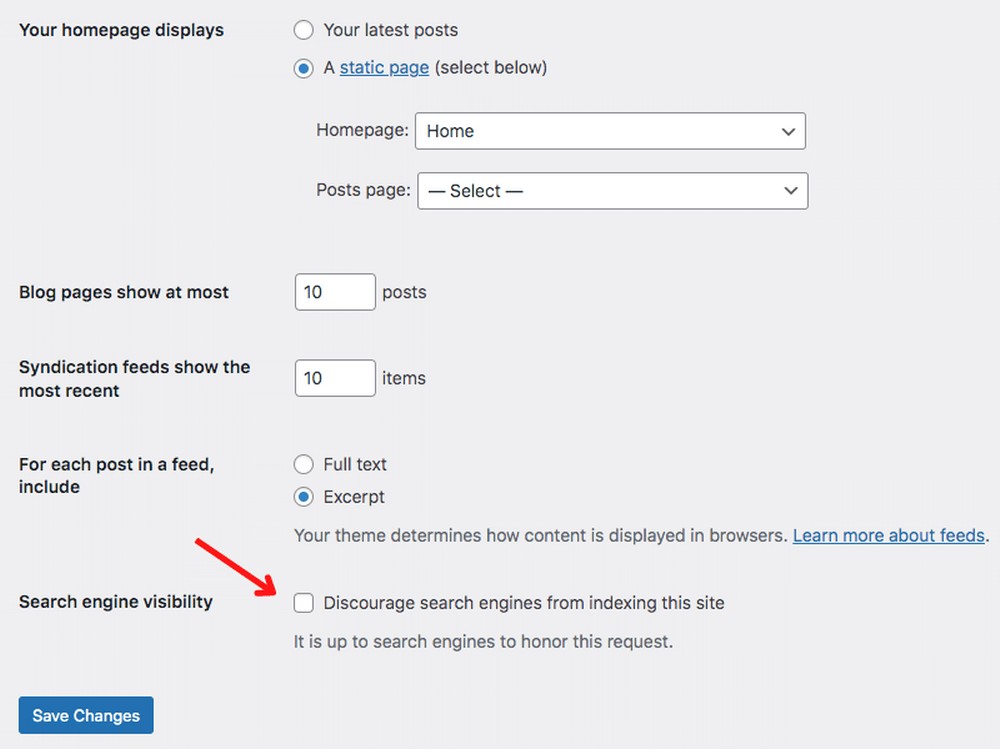 WordPress Dashboard, Settings > Reading