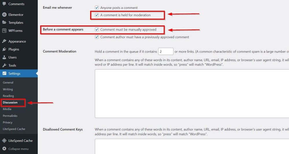 comment moderate setting to stop spam comments