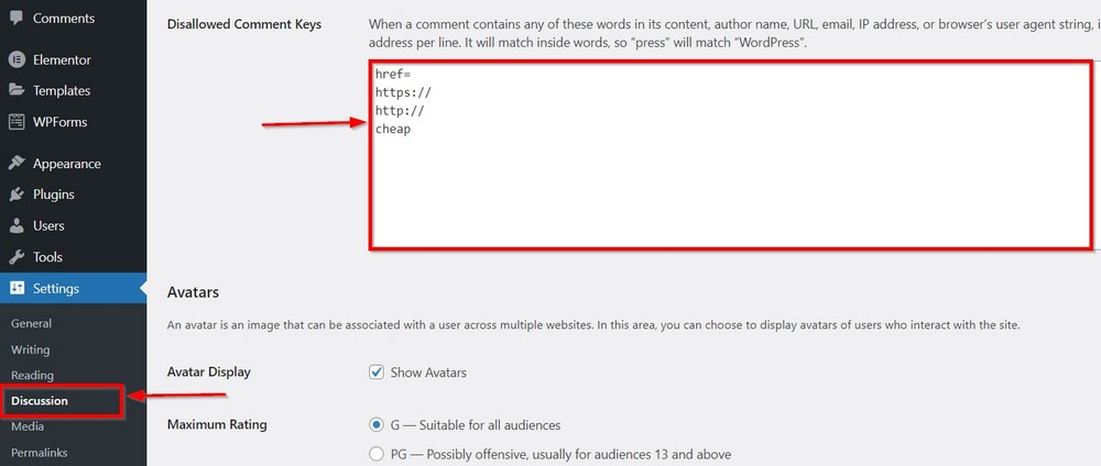 disallowed comment key to stop spam comments