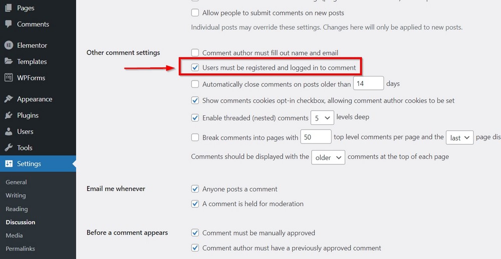 logged in user setting to fight wordpress spam comments
