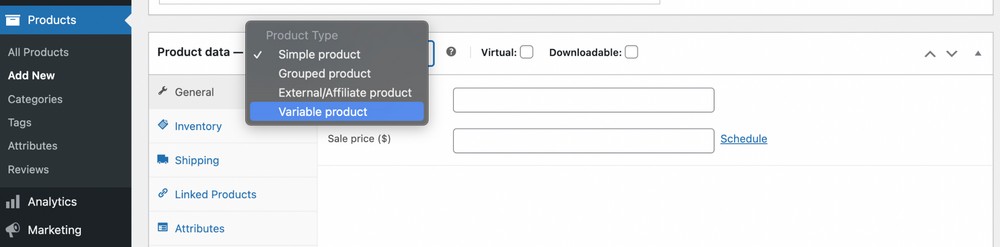 Select Variable product from the options provided