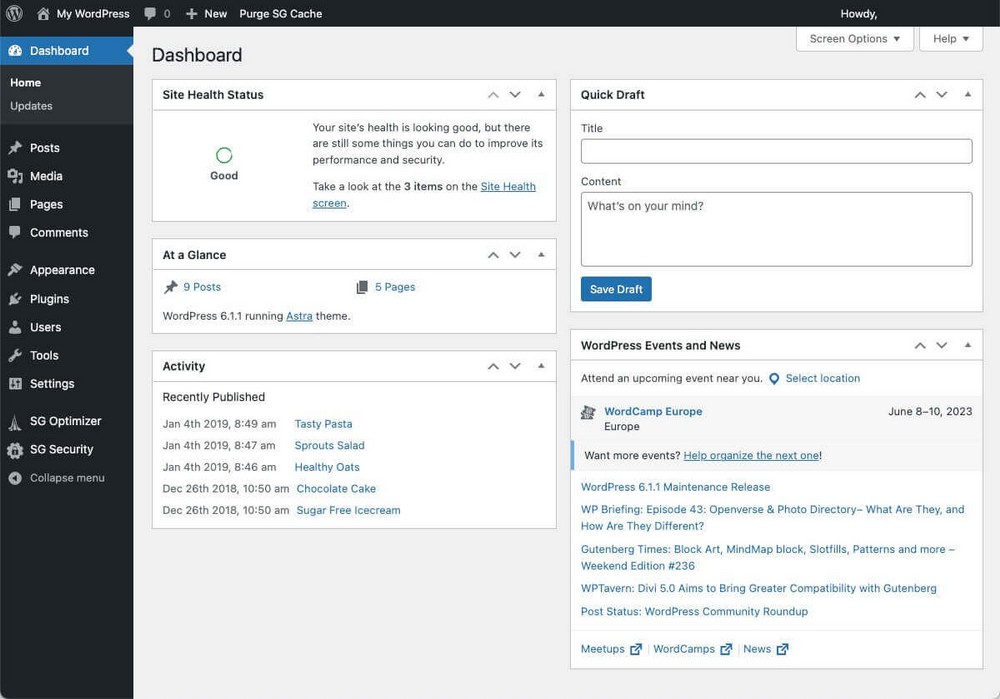 Admin panel of a Fresh WordPress installation