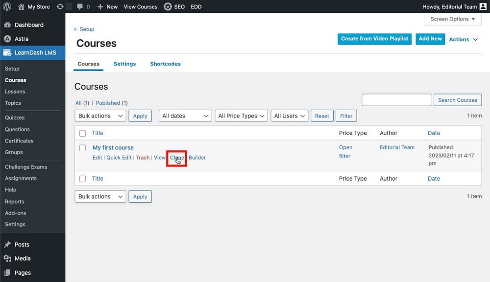 Clone course feature LearnDash