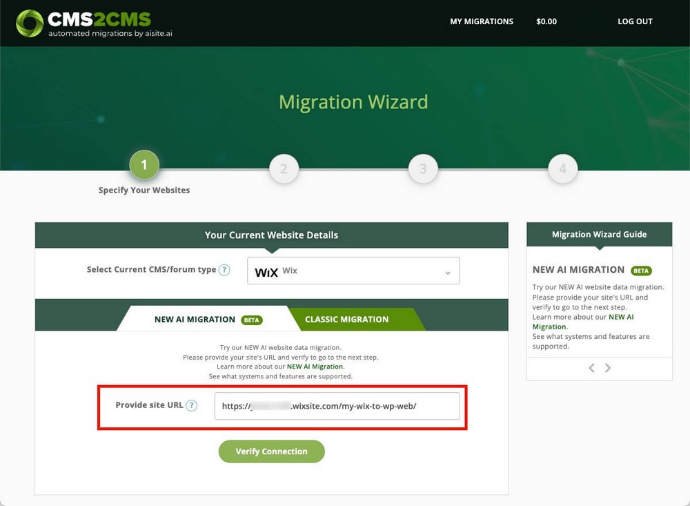 CMS2CMS specify Wix website