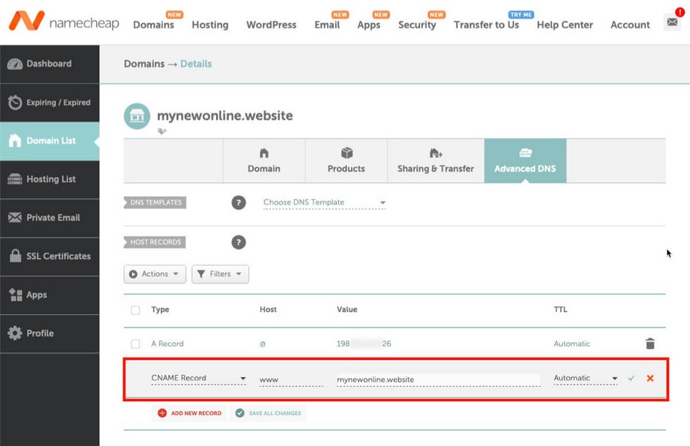 How to add a CNAME Record in Namecheap