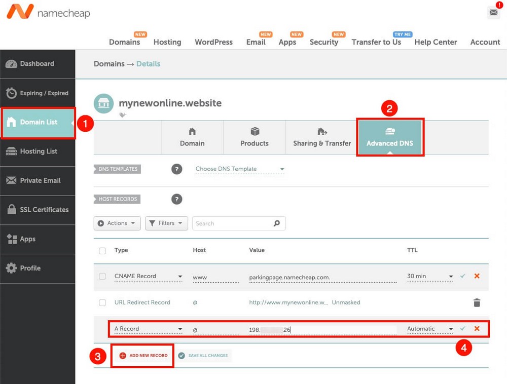 How to add an A Record in Namecheap