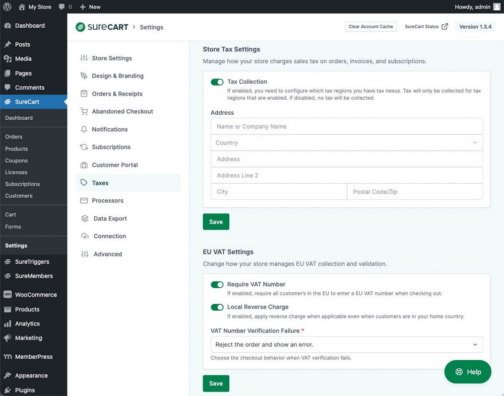 How to enable automatic tax calculations in SureCart