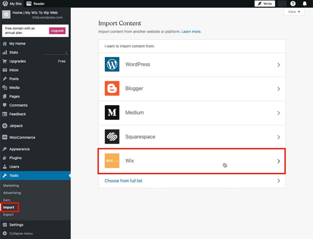 How to Import Wix website from WordPress