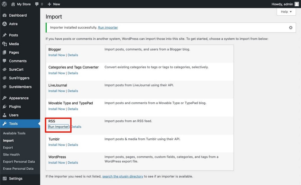 How to run RSS Importer in WordPress
