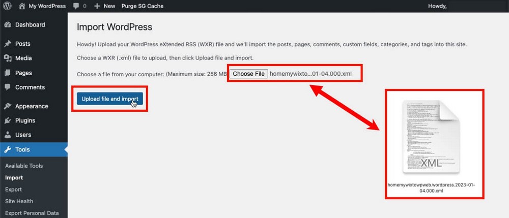 Import WordPress xml file