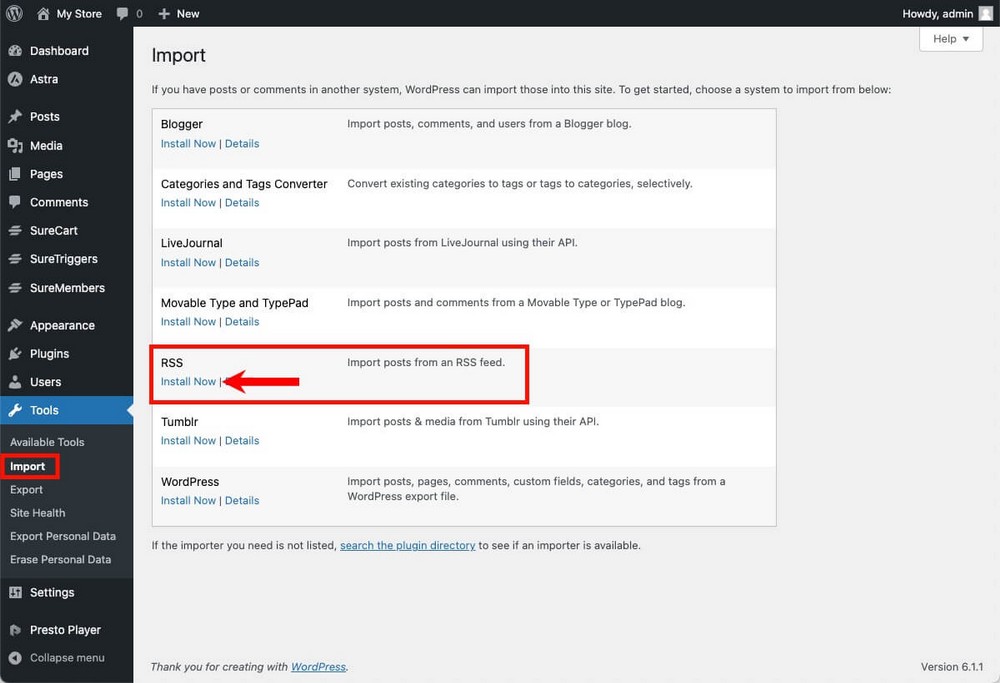 Install RSS Importer in WordPress