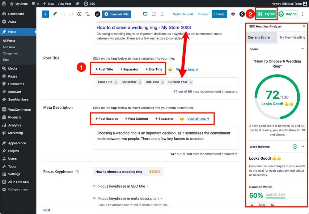 SEO Headline analyzer and Snippet Tags in AIO