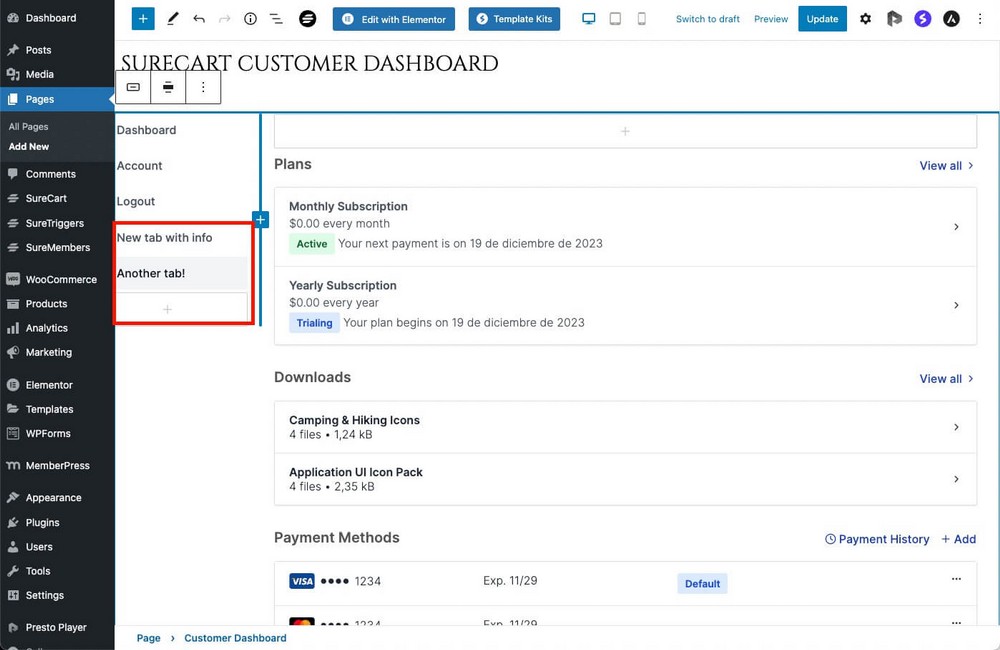 SureCart Customer Dashboard