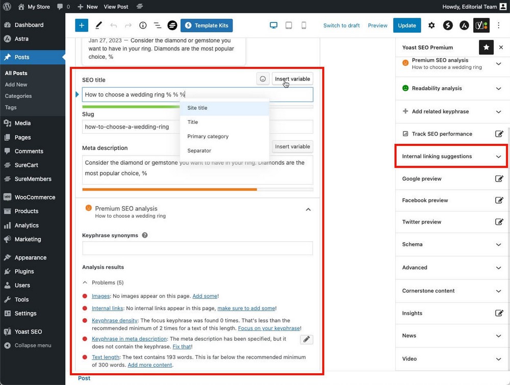 Yoast detailed on-page analysis