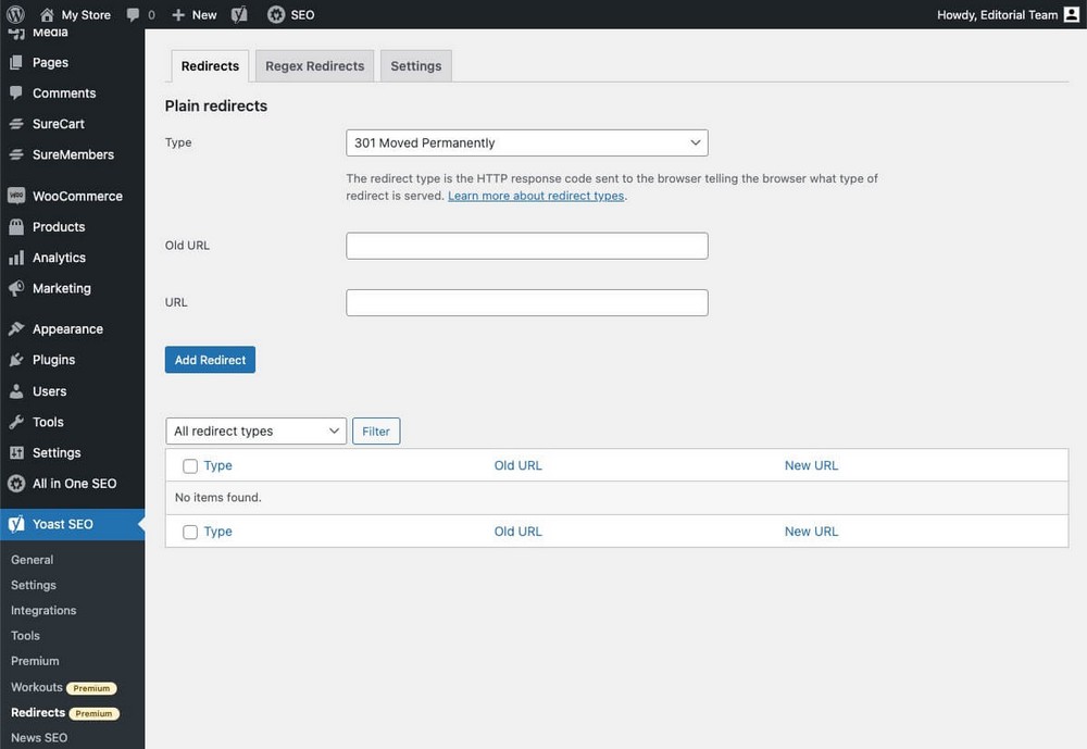 Yoast Redirection tool