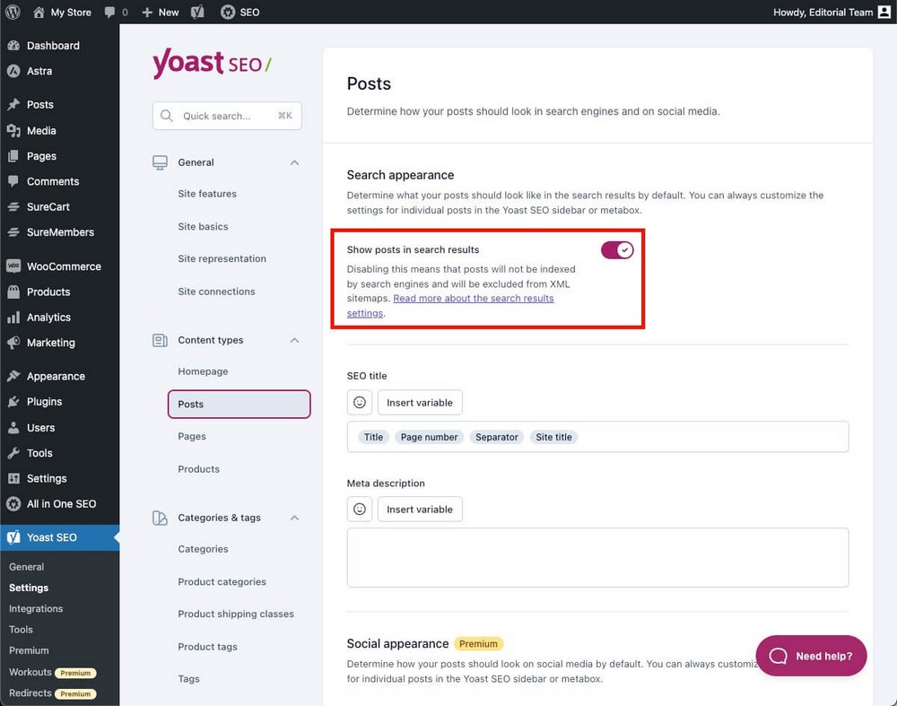 Yoast Sitemap settings