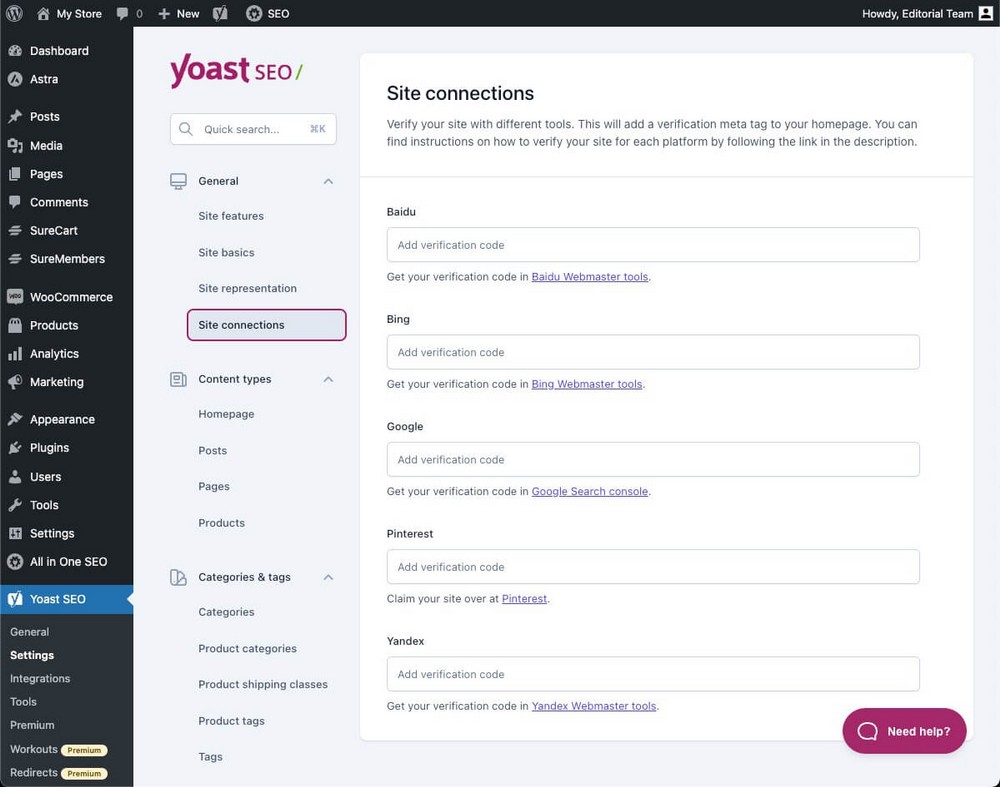 Yoast Webmaster Tools verification