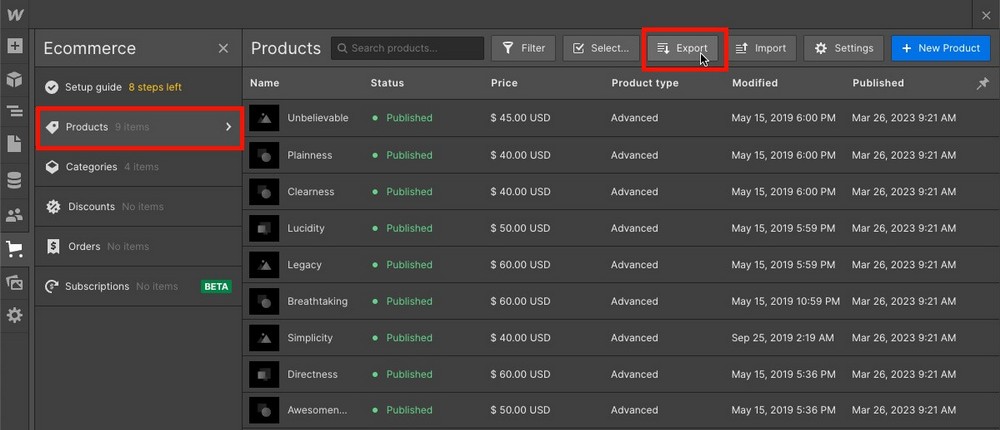 Exporting Webflow products