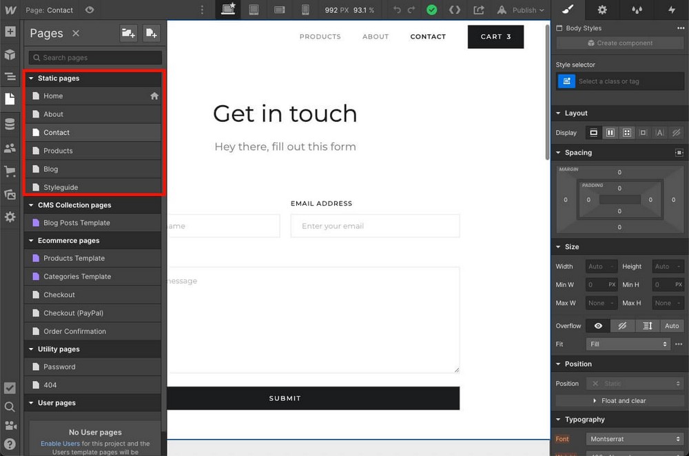 Pages in Webflow