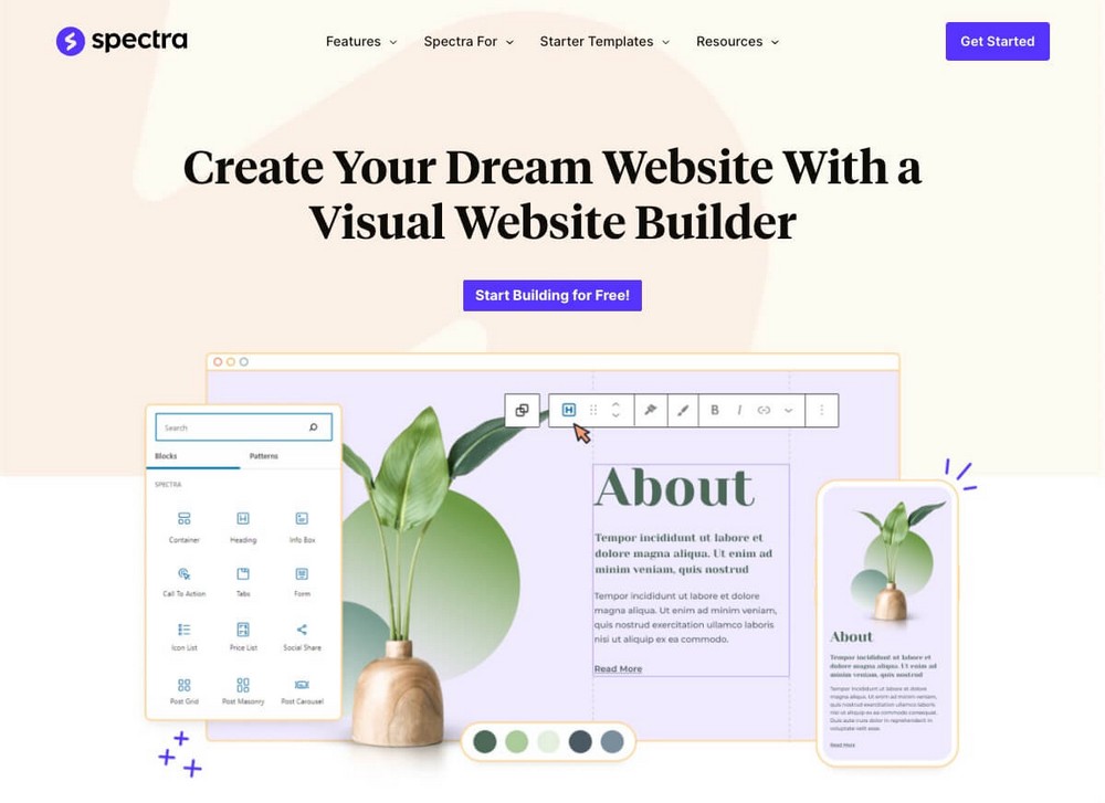 Spectra website builder homepage