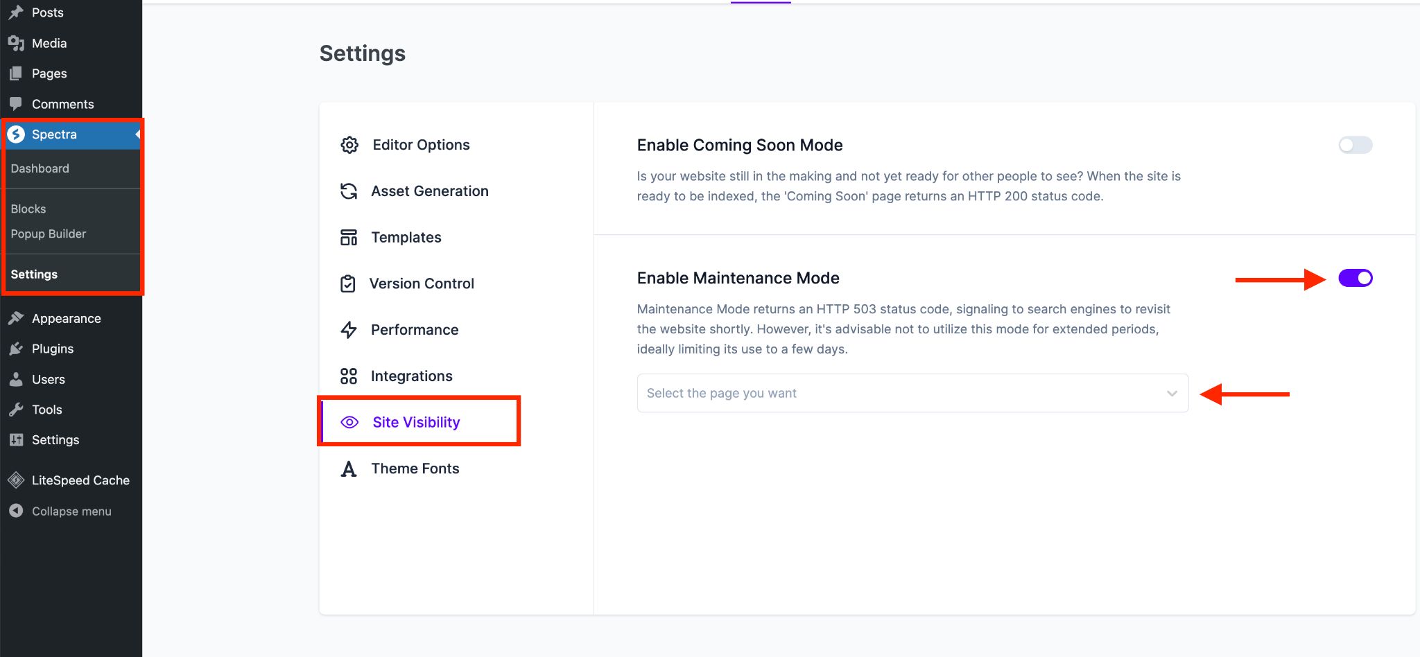 spectra page maintenance mode