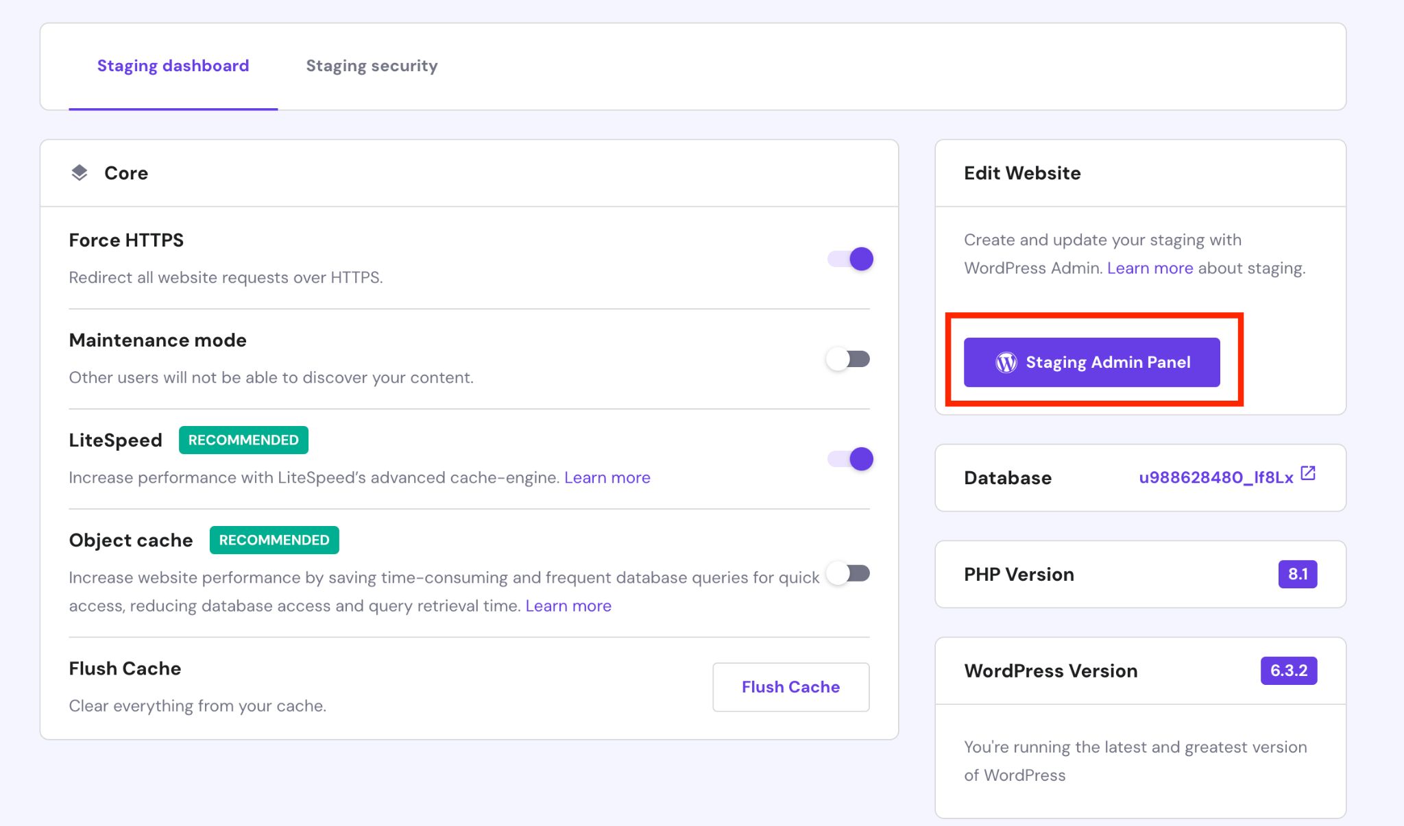 staging site wp admin panel