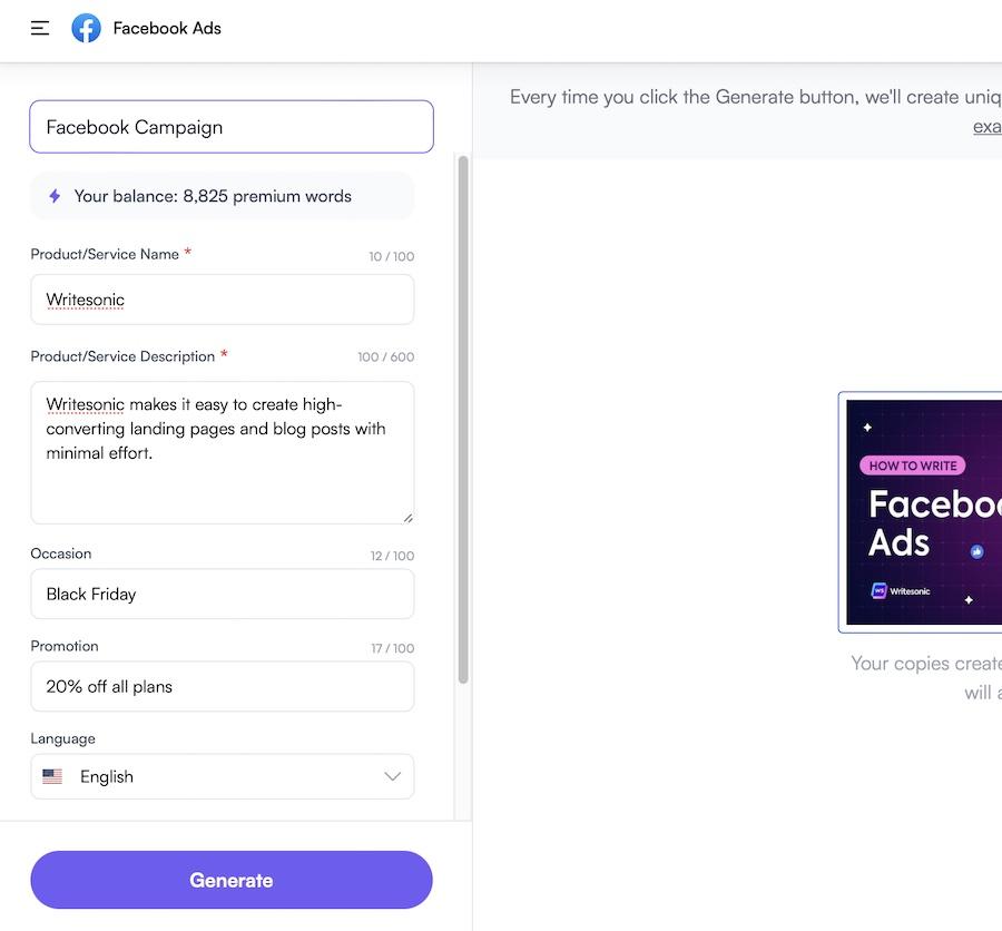 Facebook ad prompt in Writesonic