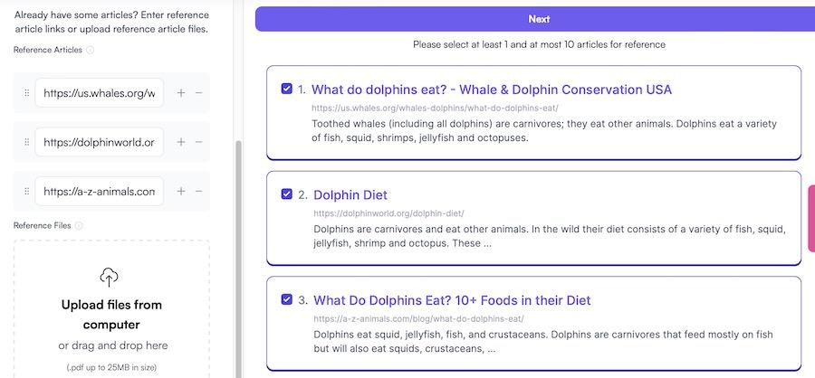 Selecting articles to use as references in Writesonic