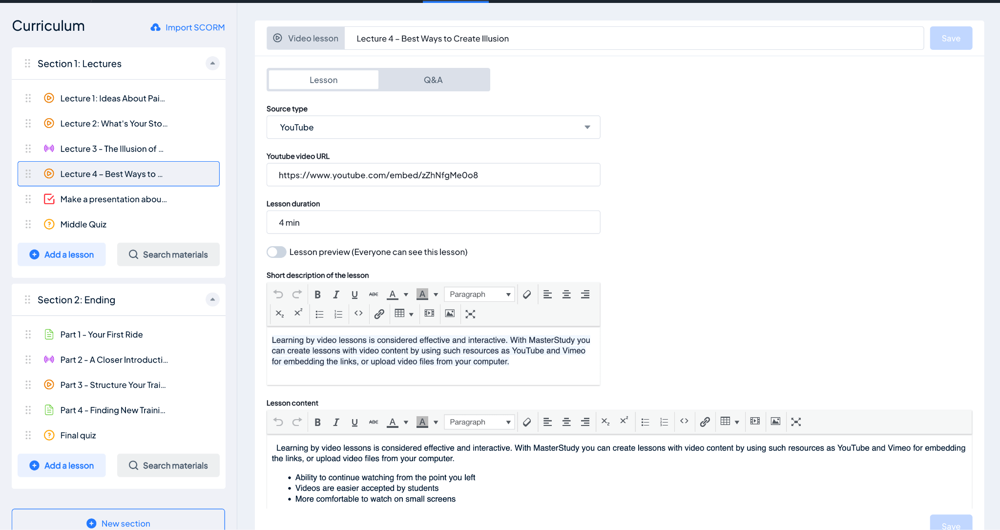 Curriculum setup