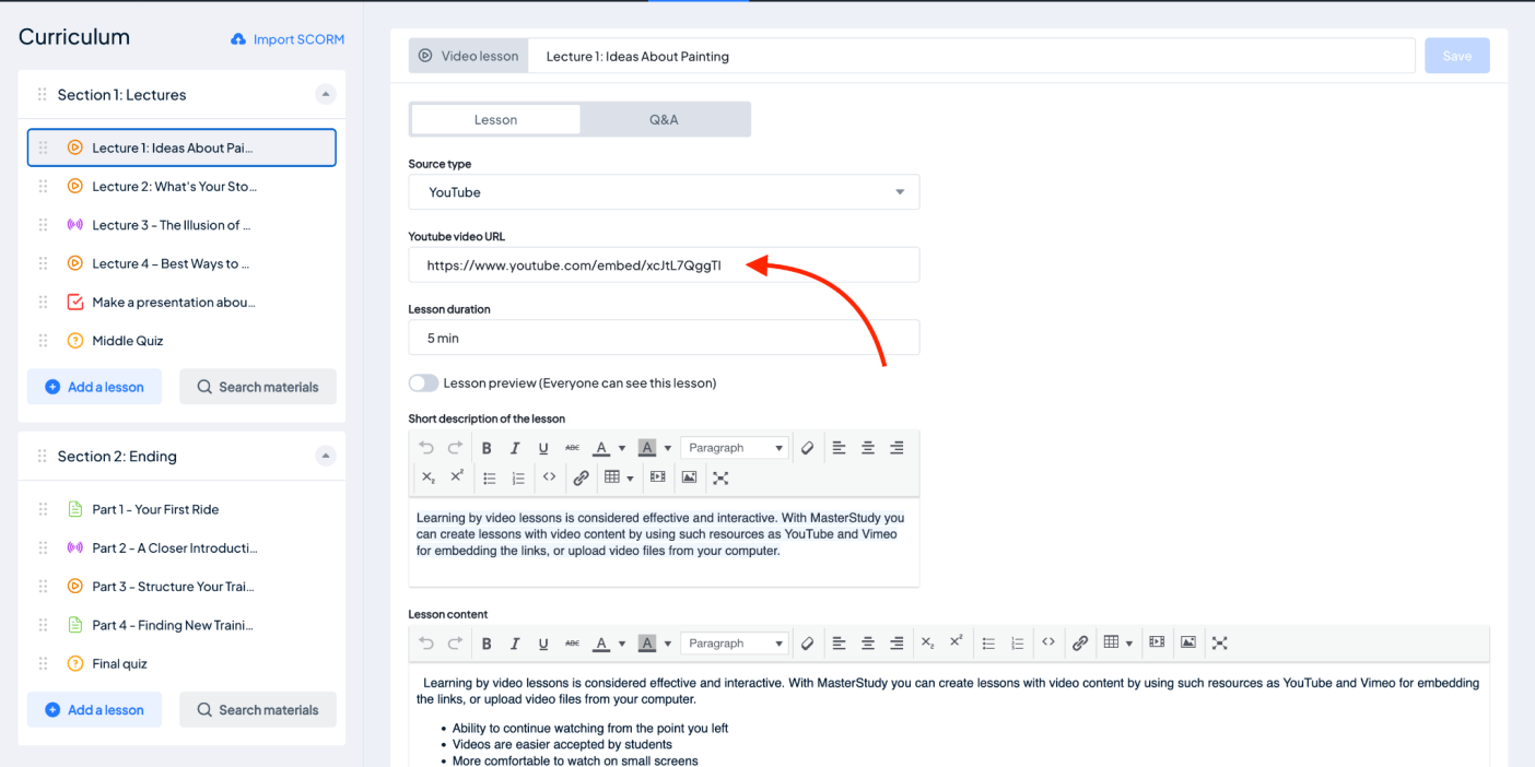 Embedding YouTube video with MasterStudy