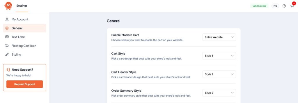 Modern Cart Dashboard and style selection page.