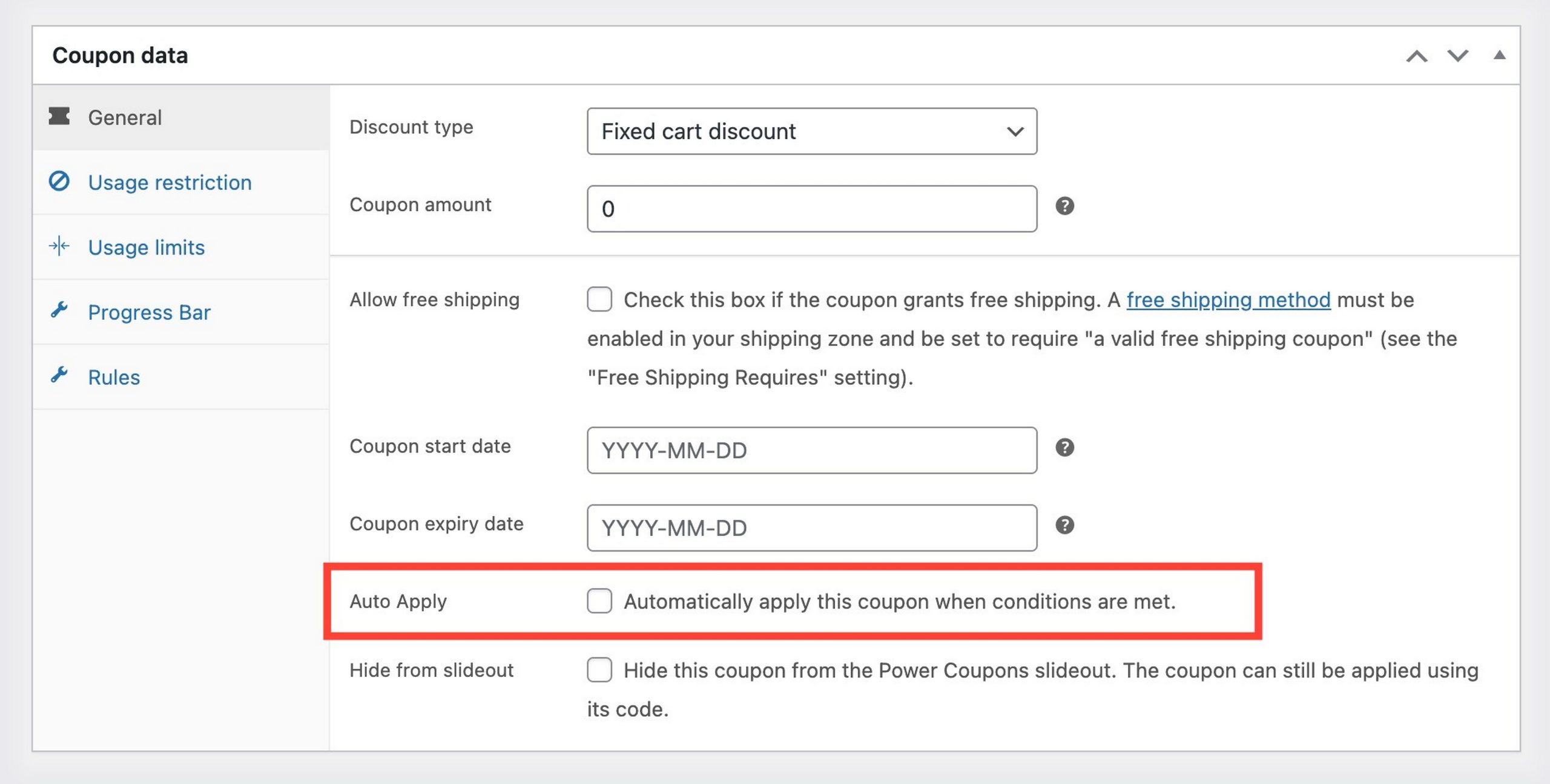 Auto-apply coupon toggle enabled in Power Coupons settings panel, showing discount applies automatically without a coupon code