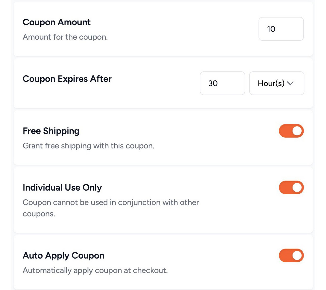 Cart Abandonment Recovery advanced coupon configuration panel showing expiry time settings, auto-delete toggle, and coupon audit controls