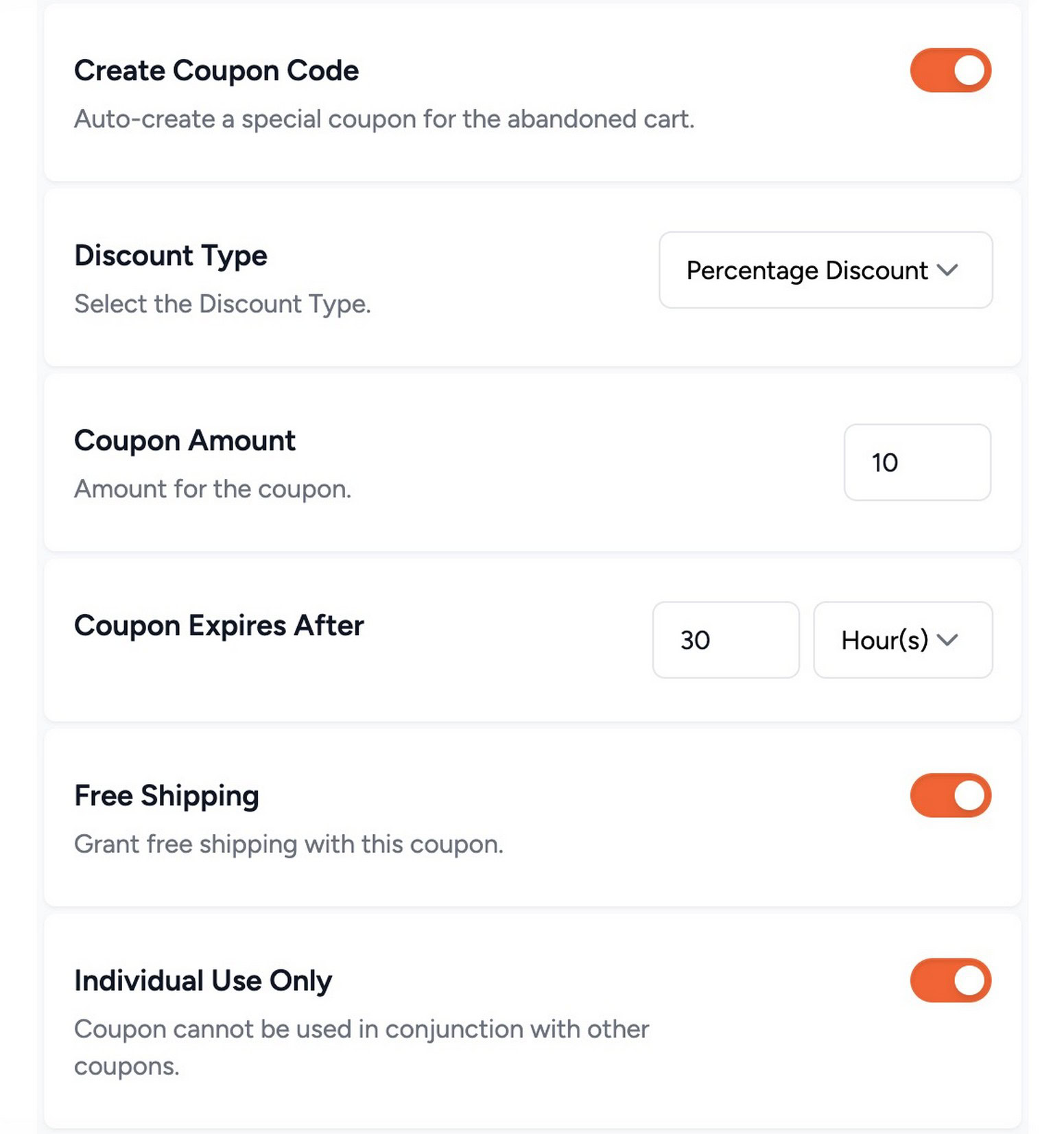 Cart Abandonment Recovery coupon settings panel inside the email builder, showing auto-generate toggle, discount amount, and cart subtotal threshold