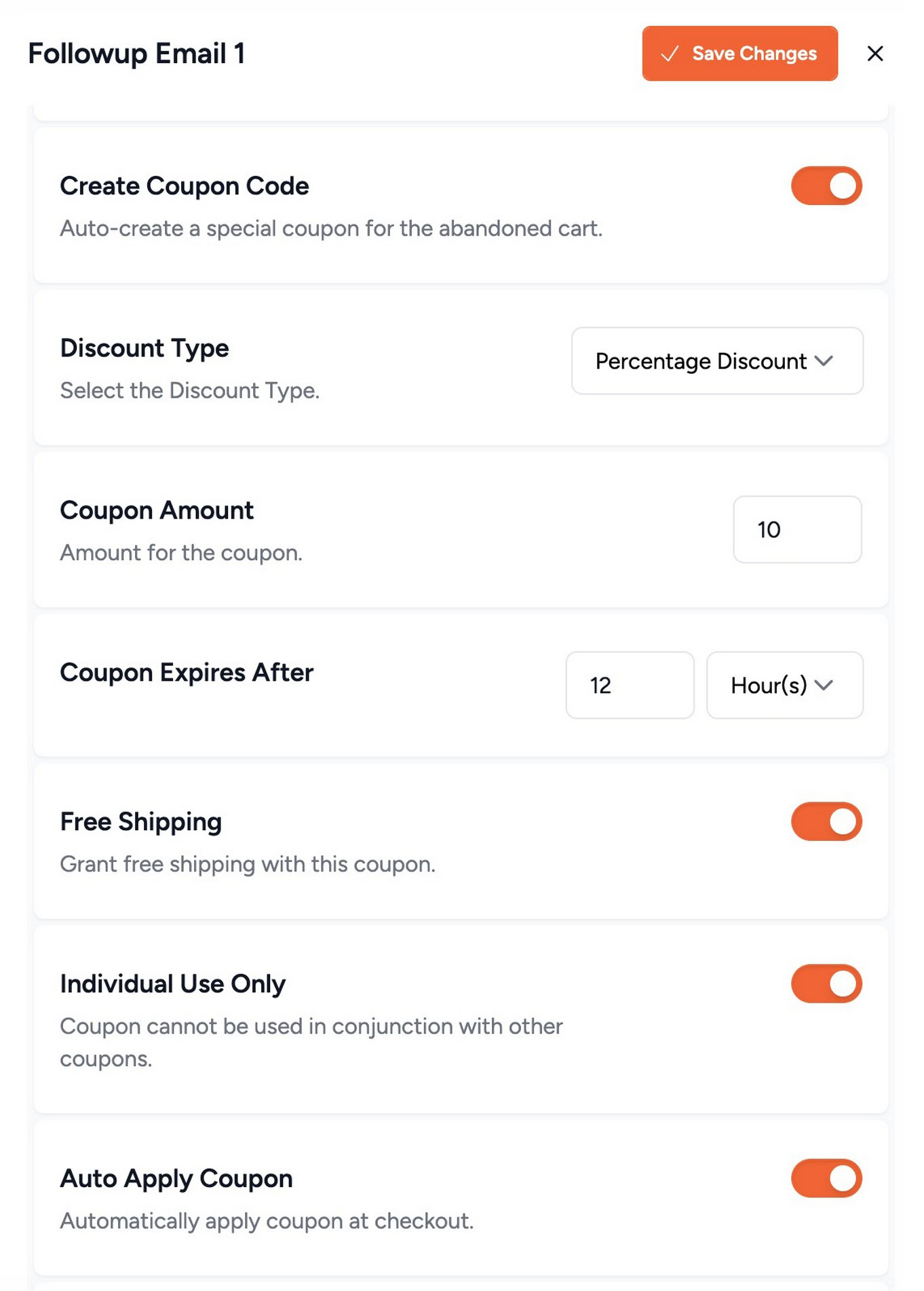 Cart Abandonment Recovery coupon settings showing auto-generate toggle enabled, discount type selector, and percentage amount field