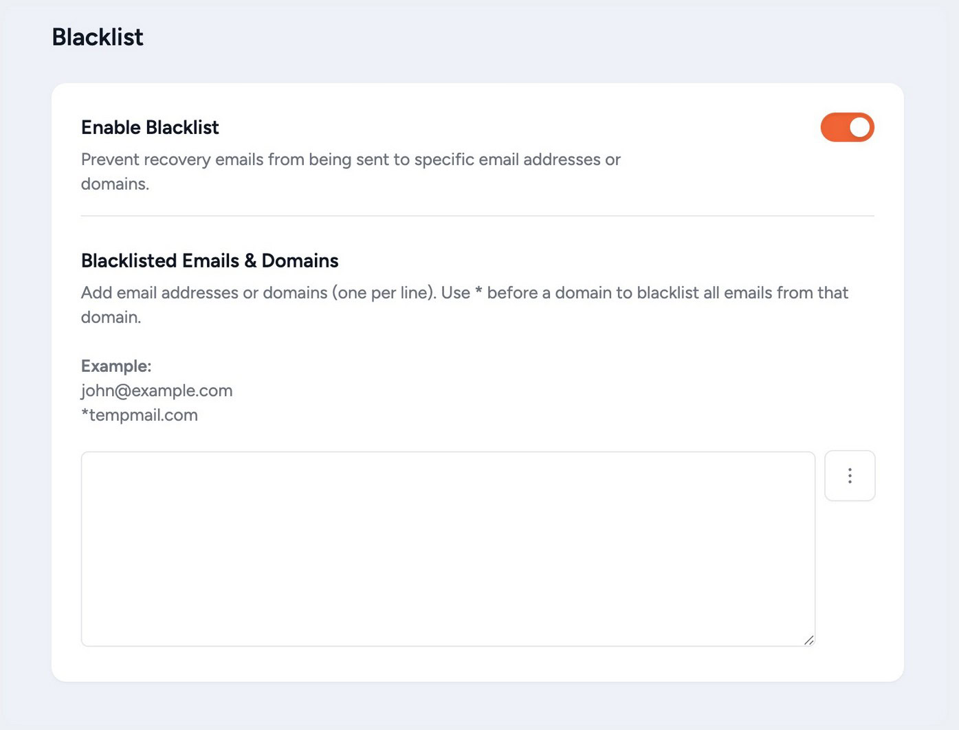 Cart Abandonment Recovery domain and email validation settings panel showing blacklisted domain list and disposable email filter toggle