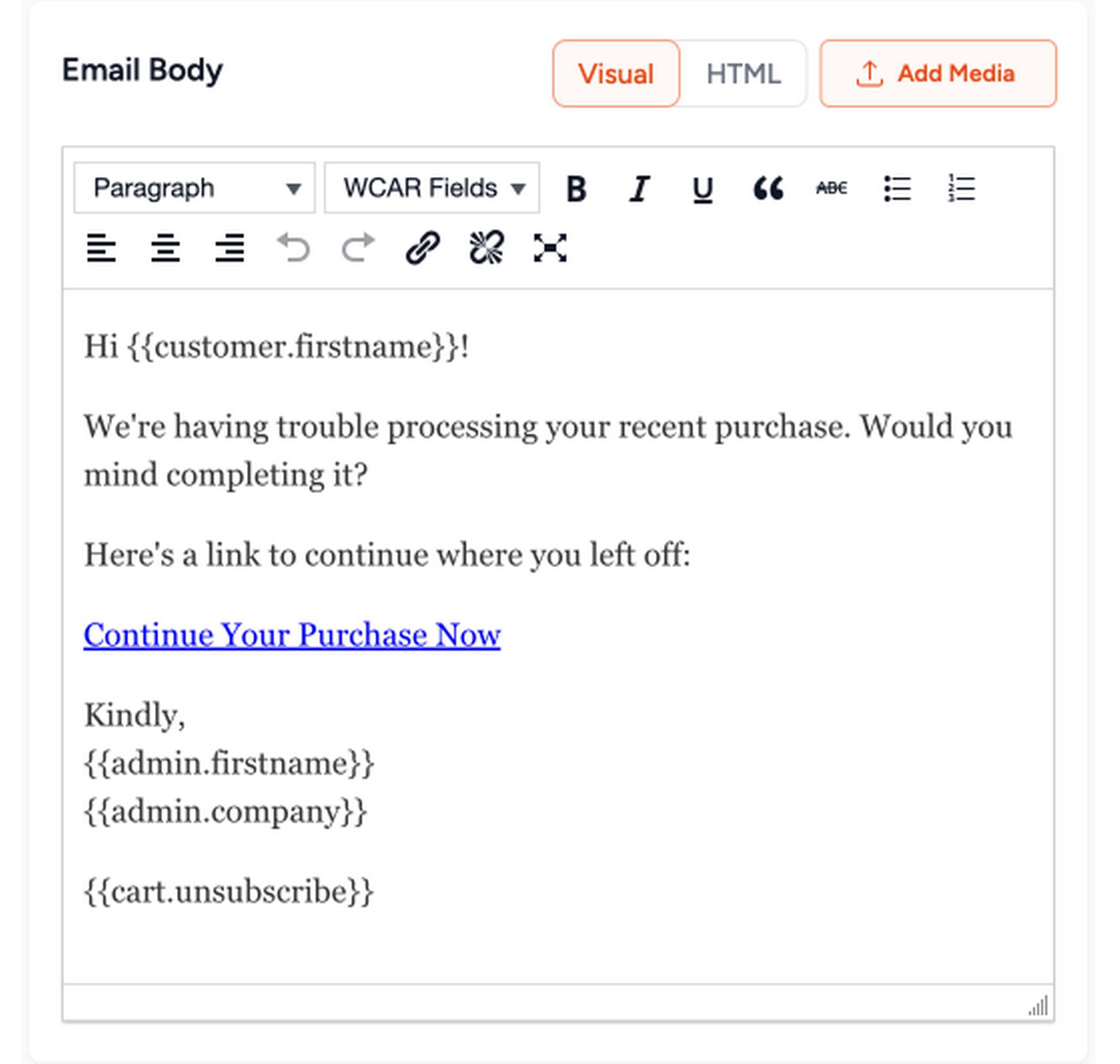 Cart abandonment recovery email showing a 1-click restore link with the shopper's abandoned product list and cart total